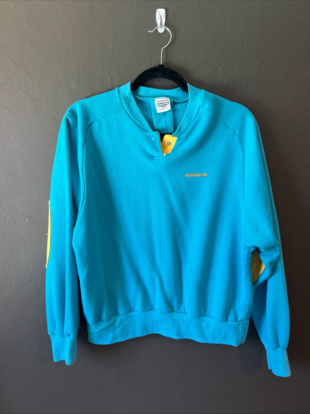 Vintage 90s Runner Up Men's Teal Pullover Sweatshirt with Yellow Accents